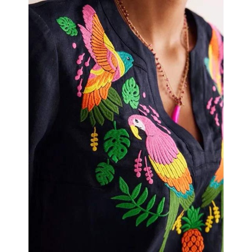 Boden Bonnie Linen Top Navy Blue Parrot Pineapple Embroidered Blouse US 6 - Picture 2 of 12